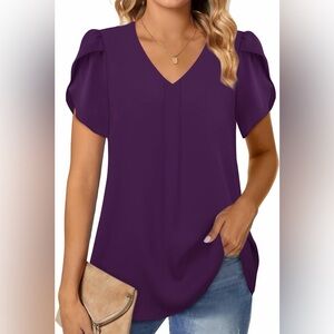 Gaharu Purple Chiffon Tulip Sleeve Blouse XL V-Neck Flowy Top